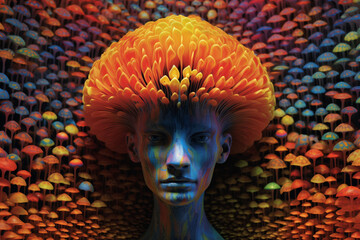 Aufkleber - An abstract depiction of a mushroom-based human head, with the mushrooms arranged in an orderly pattern to form. 