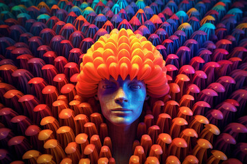 Aufkleber - An abstract depiction of a mushroom-based human head, with the mushrooms arranged in an orderly pattern to form.