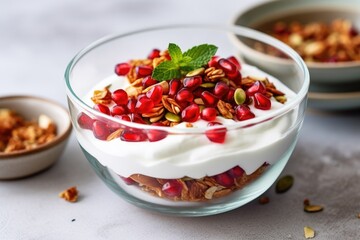 Wall Mural - greek yogurt parfait with pomegranate seeds in a bowl