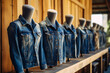A row of mannequins wearing various styles of denim jackets in a fashion store, highlighting the range of options available