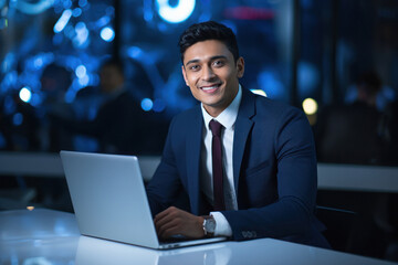 Wall Mural - Young businessman or corporate employee using laptop at office.