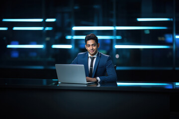 Wall Mural - Young businessman or corporate employee using laptop at office.