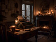 Vintage Writer's Workspace with Antique Typewriter, Lit Candles, and Cozy Fireplace in a Rustic Room