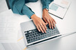 © Rene L/peopleimages.com - Above, business and hands with typing on laptop, desk and office for career in human resources. Woman, corporate worker and writing on keyboard with pc, technology and internet on cv for job search