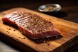 tuna steak showing sear marks, on a board