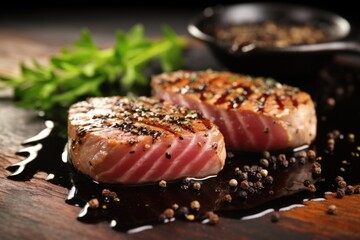 Sticker - a seared tuna steak with a dash of black pepper