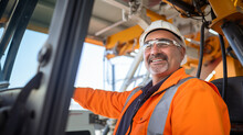 Happy Driver Man Of Industrial Dump Truck Sits In Cab And Works On Construction Building Site.
