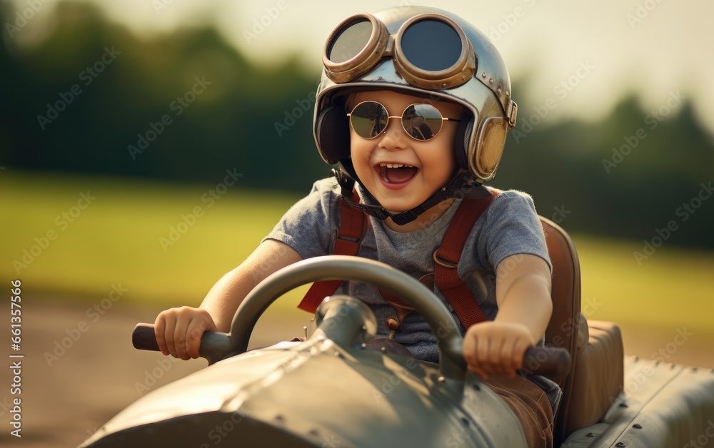 Kid Action Speed Racer Young boy kid participating in a competitive race. He's behind the ...