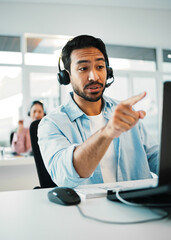 Poster - Asian man, call center and pointing in customer service, support or telemarketing at office. Businessman, consultant or agent with headphones in contact us for online advice or help at workplace