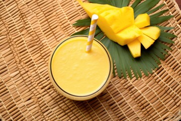 Sticker - top view of a mango pineapple smoothie on a bamboo mat