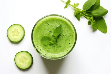 Sticker - top-down view of a cucumber juice surrounded by fresh cucumbers