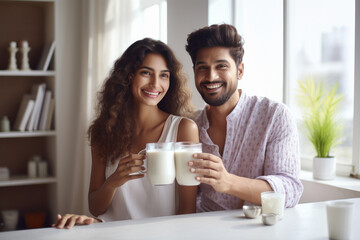 Poster - Happy young Indian couple holding glasses of milk.