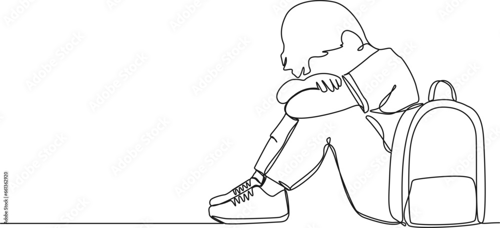 continuous single line drawing of sad boy with schoolbag sitting on ...