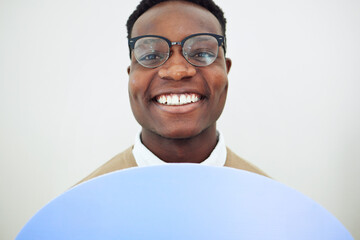 Poster - Happy, portrait and a black man in an office for work, corporate confidence and a board for business. Smile, company and face of an African businessman or employee working at a marketing agency