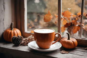 for halloween holiday, decoration with latte and pumpkins on a windowsill, beautiful autumn landscape outside the window, rural, still life, festive background