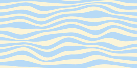 Poster - Wavy stripes horizontal background. Abstract geometric retro texture. Blue wavy distorted stripes on a beige background. Vector illustration