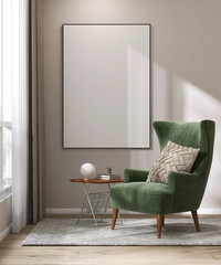 Blank large white photo poster wood frame on beige wall, mid century green armchair on rug, coffee table in sunlight from window for art, mural, painting template background 3D