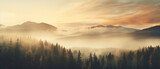 Fototapeta Zachód słońca - The landscape of pine forests on the mountains is interspersed with morning mist. natural background concept