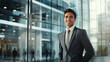 © Synthetica - Portrait of smiling businessman in modern office glass lobby.