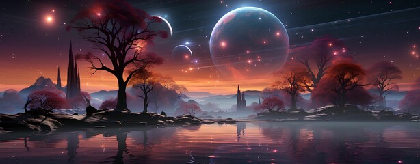 AI generated illustration of a stunning view of a lake at night with a star-filled sky and planets