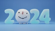 Winter 3d Animation Of The New Year's Date 2024. The Snowman's Head Falls On The Blue Surface And The Numbers Of The Date 2024 Are Inflated Next To It. The Idea Of Winter Christmas Holidays.
