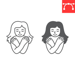 Wall Mural - Self love line and glyph icon, self acceptance and mindfulness, young woman hugging herself. vector icon, vector graphics, editable stroke outline sign, eps 10.