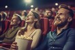 Laughing couple watching movie. People in cinema with popcorn snack. Generate ai