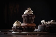 Stack Of Chocolate Cupcakes With Scoop Of Ice Cream, Copy Space, Dark Background, Food Style, Generative Ai