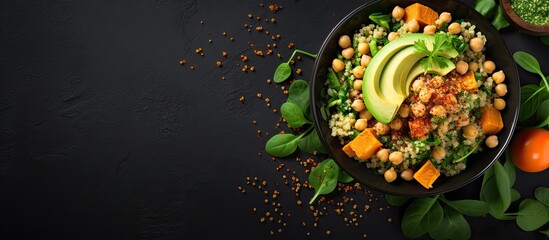 Wall Mural - Top view of a black bowl with avocado quinoa sweet potato spinach and chickpea salad With copyspace for text