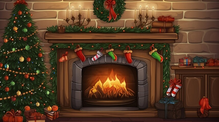 Sticker - Fireplace in room with Christmas decorations. Interior design. ai generative