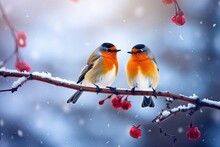A Couple Of Lovebirds Perched On A Tree Branch, Celebrating The Christmas. Generative AI