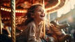 © Oleksandr - happy little girl rides on a carousel in an amusement park. ai generative