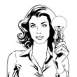 Young woman holds light bulb in her hand. Idea!Task and its successful solution concept, vector illustration drawing in retro comic pop art style, black and white coloring book