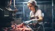 Woman working in a butchery, wearing protective clothes and gloves, putting minced meat into a meat grinder. ai generative