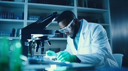 Wall Mural - Scientists in lab coats and safety goggles working on chemistry experiments with test tubes, flasks, and microscopes in a modern research and development laboratory