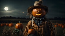 A Whimsical Scarecrow With A Pumpkin For A Headcstanding In A Moonlit Autumn Field