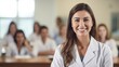 © Ameer - Portrait of a smiling and confident female doctor or nurse in the front row of a medical training class or seminar room