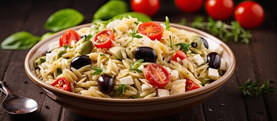 Wall Mural - Orzo pasta salad made with feta olives and tomatoes With copyspace for text