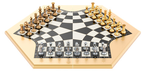 Poster - Three Player Chess Set with metallic chess figures. 3D rendering isolated on transparent background