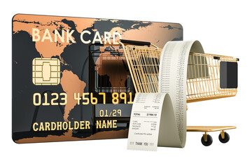 Poster - Credit bank card with shopping cart and receipt print, 3D rendering isolated on transparent background