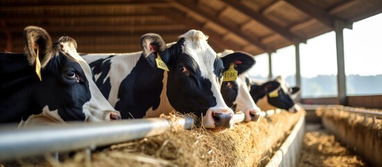 Wall Mural - Modern dairy farm with breeding cows and cattle feeding on hay With copyspace for text