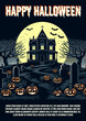 Happy Halloween party vector flyer design creepy house on graveyard with pumpkins