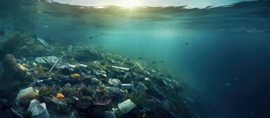 Wall Mural - ocean pollution caused by plastic waste with copyspace for text