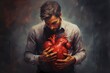 Man with heart in his hands, conceptual image of a heart attack