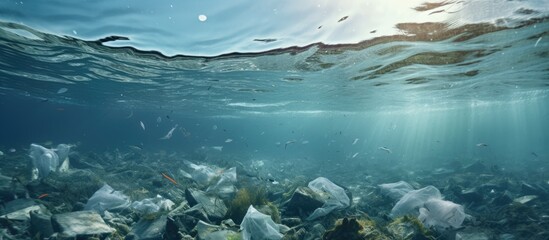 Wall Mural - ocean pollution caused by plastic waste is a major environmental issue with copyspace for text