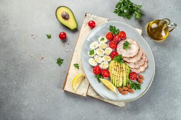 Wall Mural - Delicious food avocado, eggs, chicken fillet and cherry tomatoes. Balanced low carb food on a light background top view. place for text