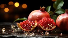 Pomegranate On A Table With Leaf In Front Of It, Generative Ai