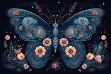 Illustration Of Enchanting Nighttime Butterfly With Celestial Elements And Flora. Mystical Design Suitable For Calendars, Fabrics, Postcards. Generative AI