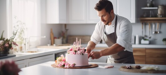 Wall Mural - man pastry chef bakes a cake in a modern kitchen in a home business workshop, decorates a confectionery product with cream for a holiday sweets