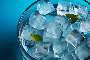 Wall Mural - Top-down perspective capturing ice cubes floating in water on a cool blue background, portraying the idea of icy drinks, Generative AI